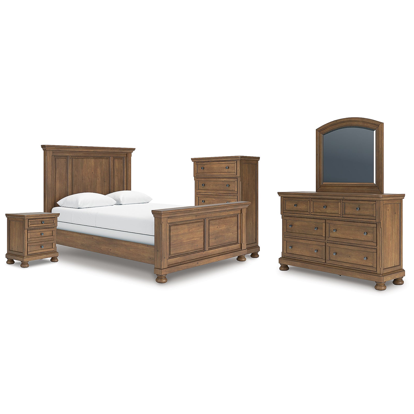 Feddinger Queen Panel Bed, Dresser, Mirror, Chest and Nightstand (PCB779-SI)
