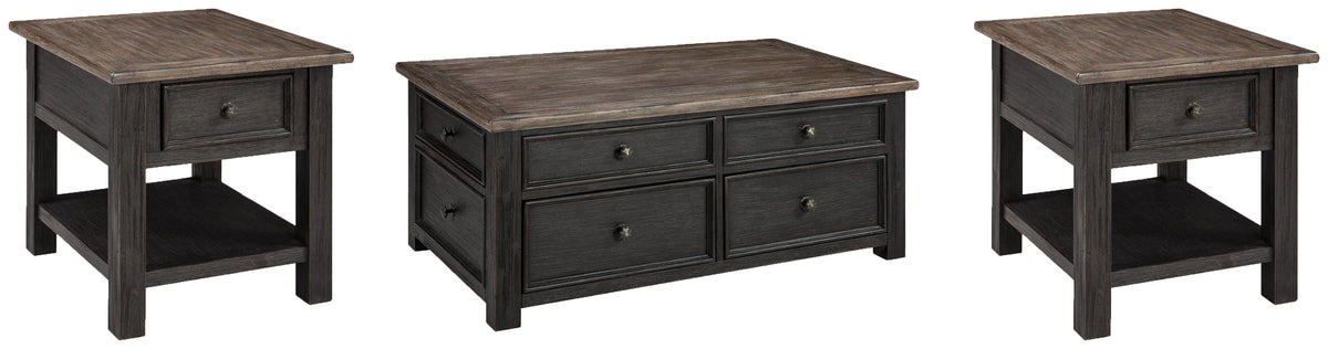 Tyler Creek Coffee Table and 2 End Tables - Grayish Brown/Black  (T736-SI)