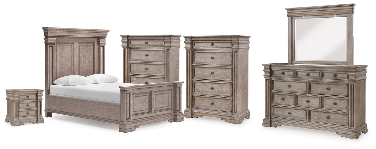 Blairhurst Panel Bed, Dresser, Mirror, 2 Chests and Nightstand (B916-SI)