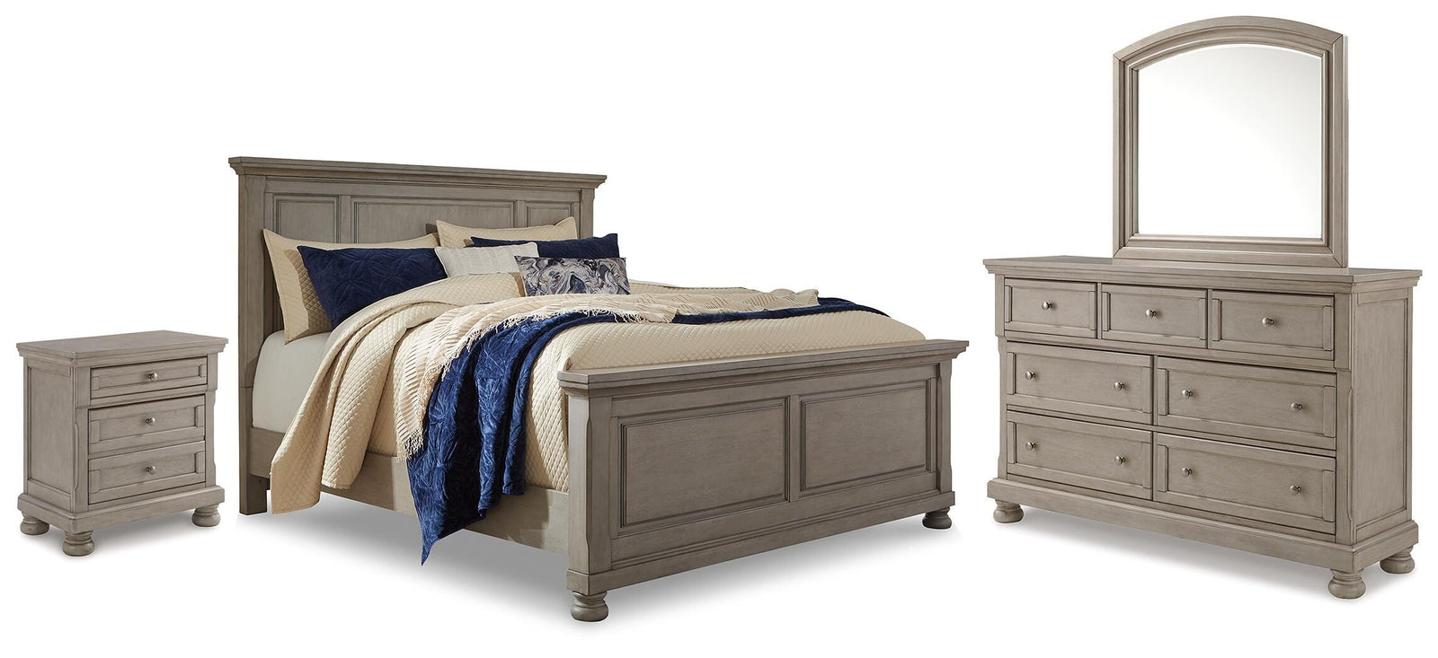 Lettner Panel Bed with Dresser, Mirror and Nightstand - Light Gray  (B733-SI)