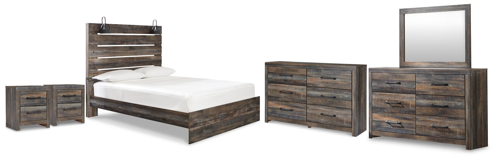 Drystan Panel Bed, 2 Dressers, Mirror and 2 Nightstands (B211-SI)