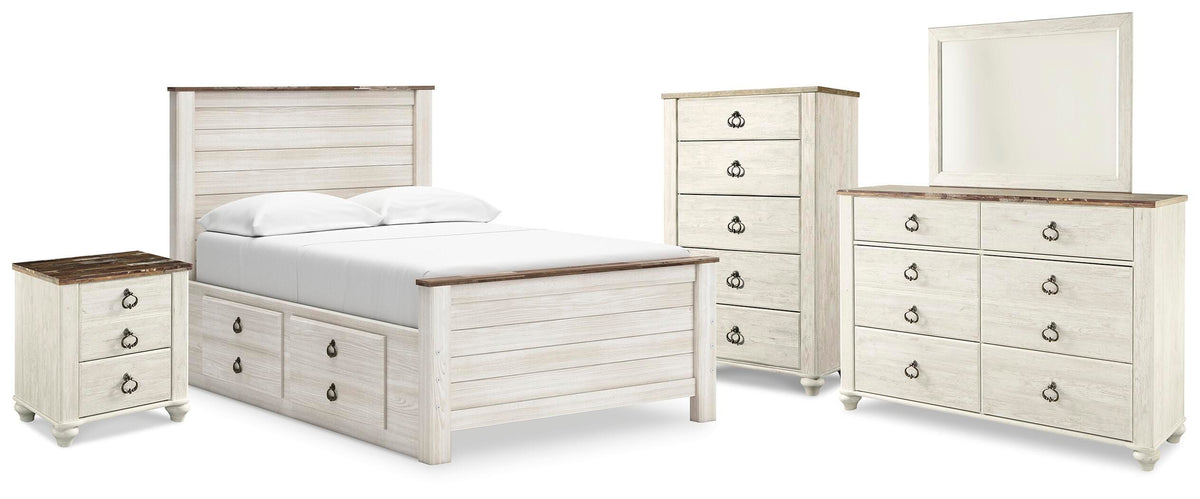 Willowton Panel Bed with storage, Dresser, Mirror, Chest and Nightstand - Whitewash  (B267-SI)