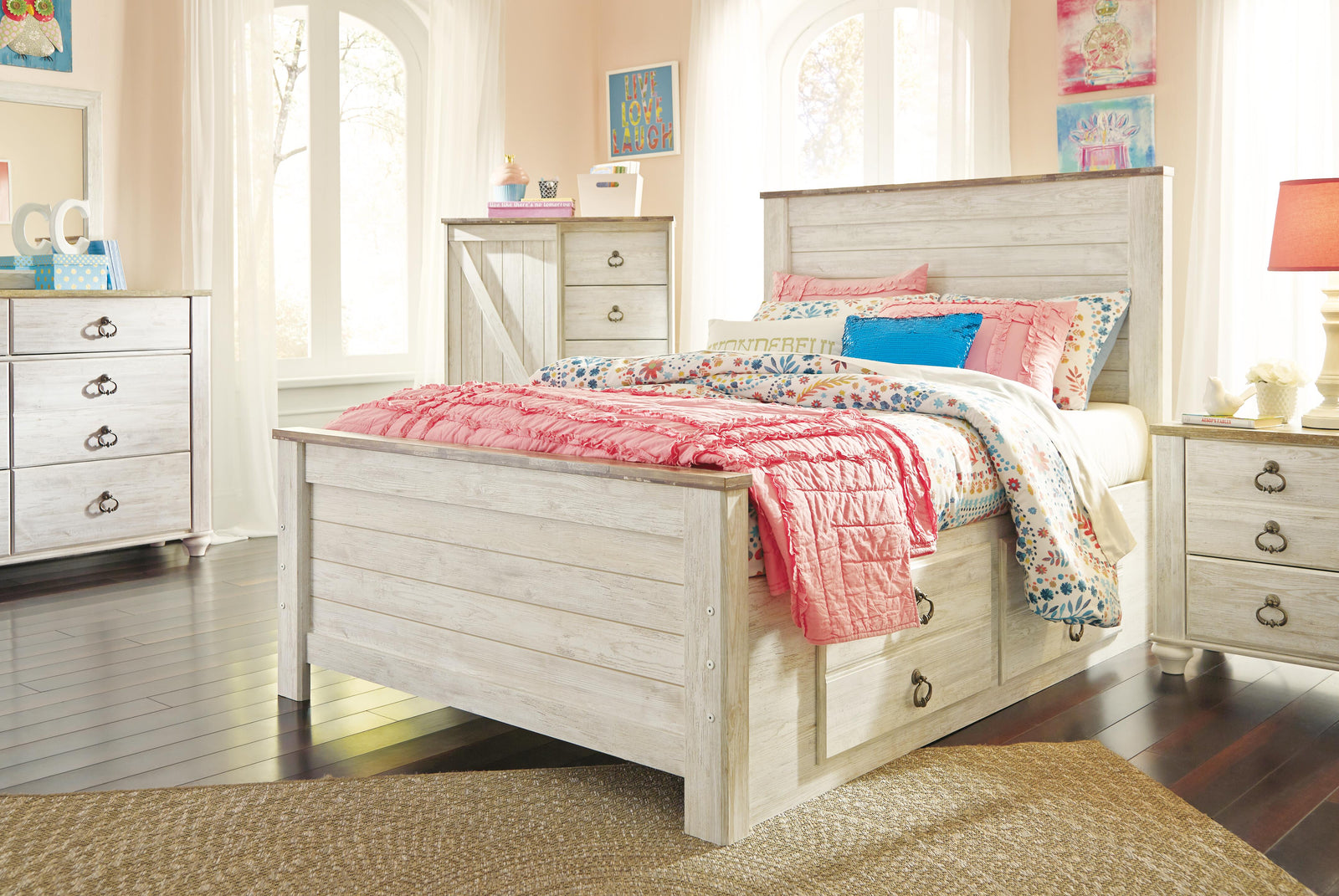 Willowton Panel Bed with 2 Storage Drawers (Youth) - Whitewash  (B267-SI) - Image 7
