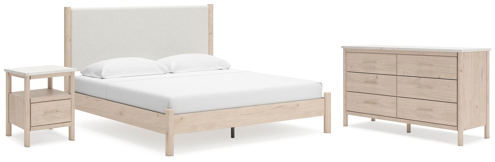 Cadmori Upholstered Panel Bed, Dresser and Nightstand - Two-tone  (B2615-SI)