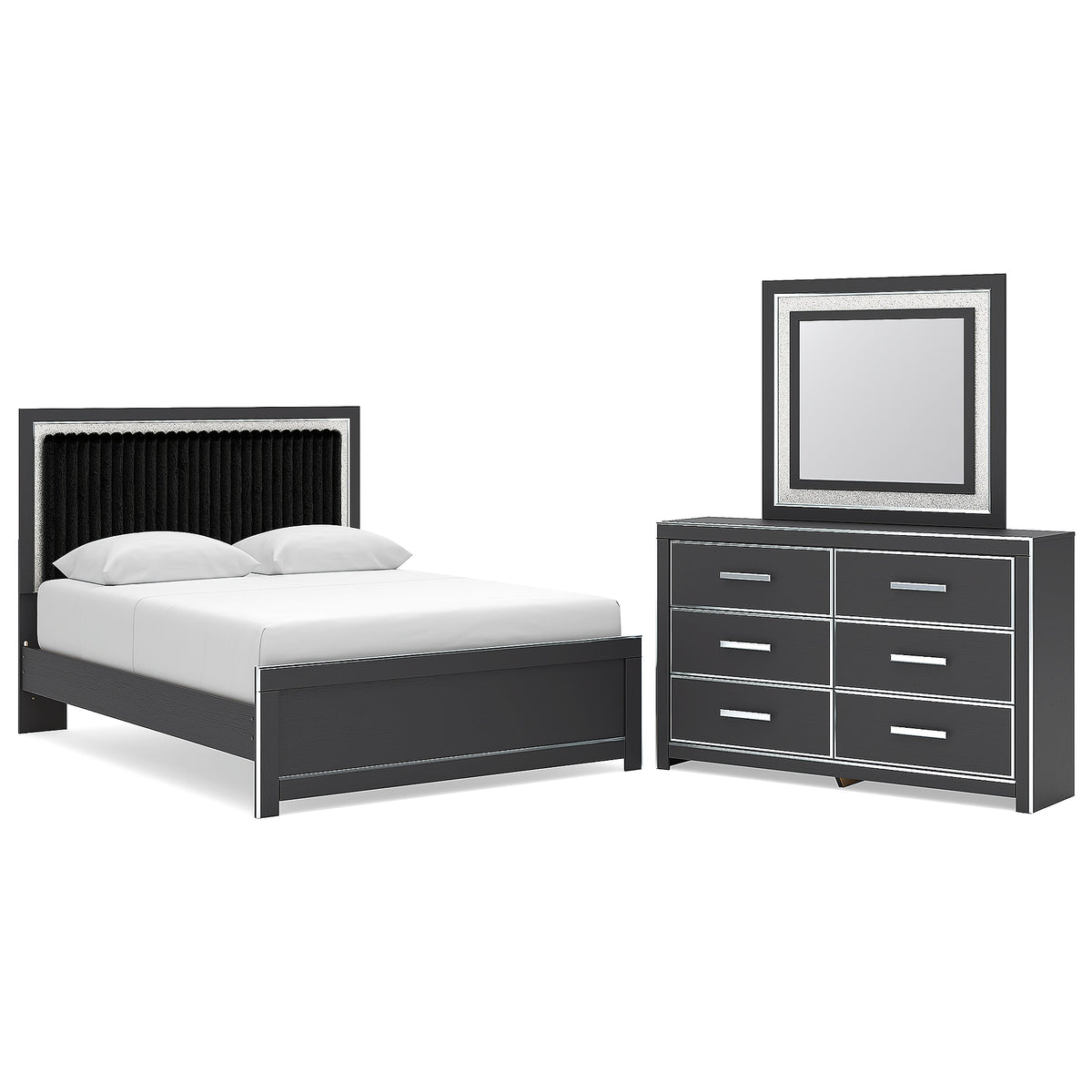 Zuraleus Queen Upholstered Panel Platform Bed, Dresser and Mirror (PCB3380-SI)