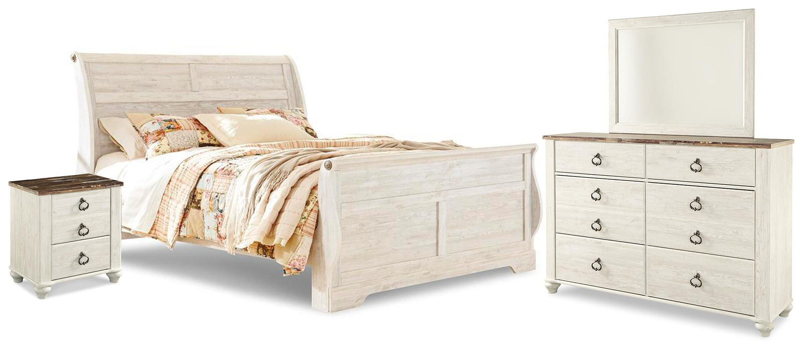 Willowton Sleigh Bed, Dresser, Mirror and Nightstand - Whitewash  (B267-SI)