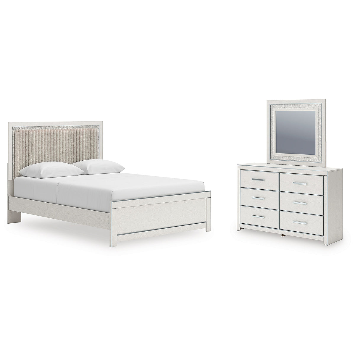 Zuraleus Queen Upholstered Panel Platform Bed, Dresser and Mirror (PCB3381-SI)