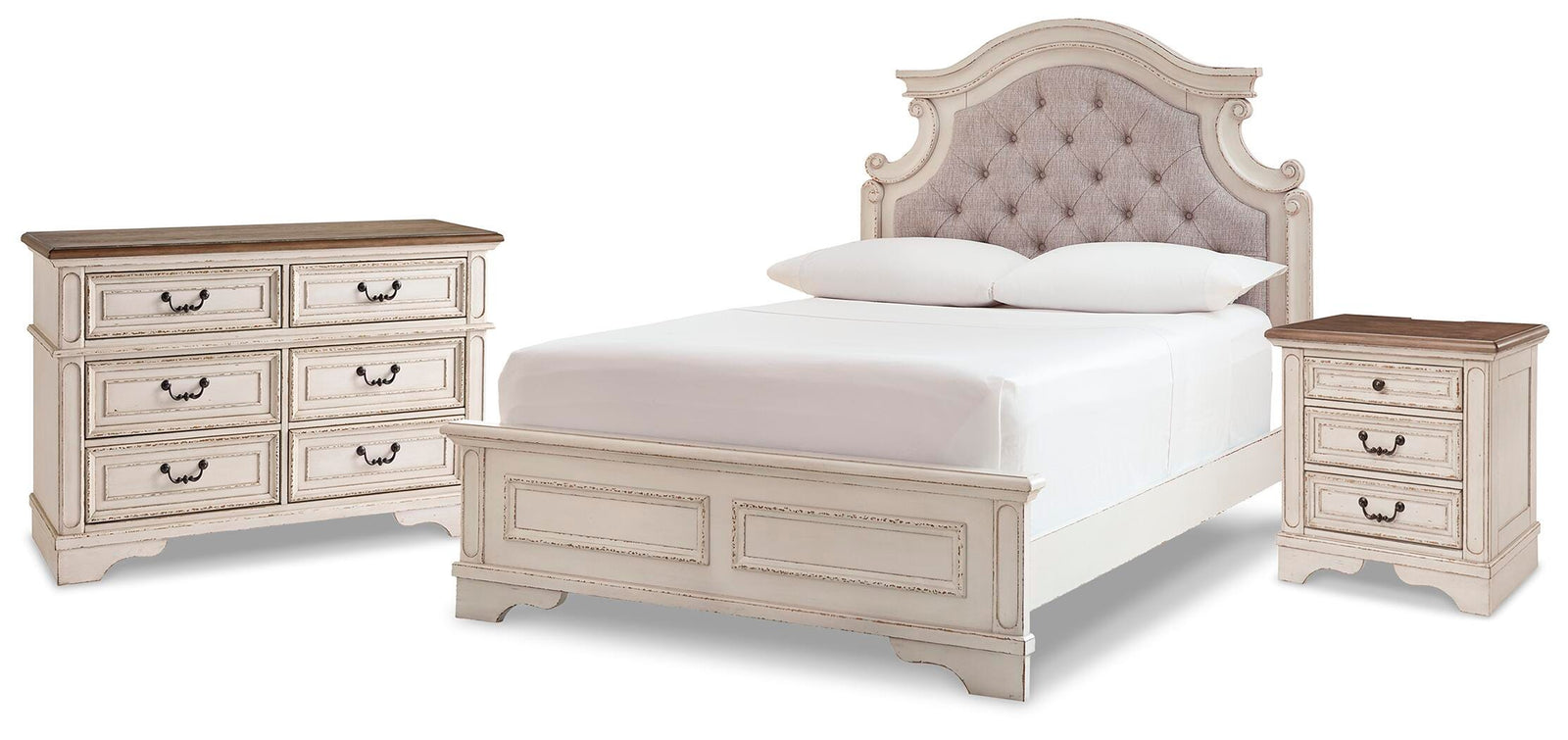 Realyn Panel Bed, Dresser and Nightstand - Chipped White  (B743-SI)