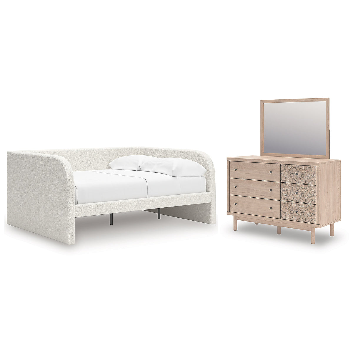 Arloster Full Upholstered Day Bed, Dresser and Mirror (PCB1566-SI)