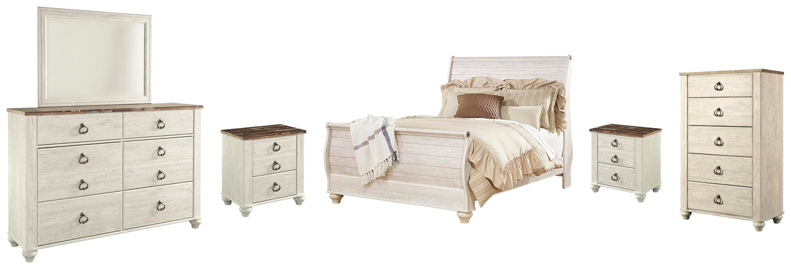 Willowton Sleigh Bed, Dresser, Mirror, Chest and 2 Nightstands - Whitewash  (B267-SI)