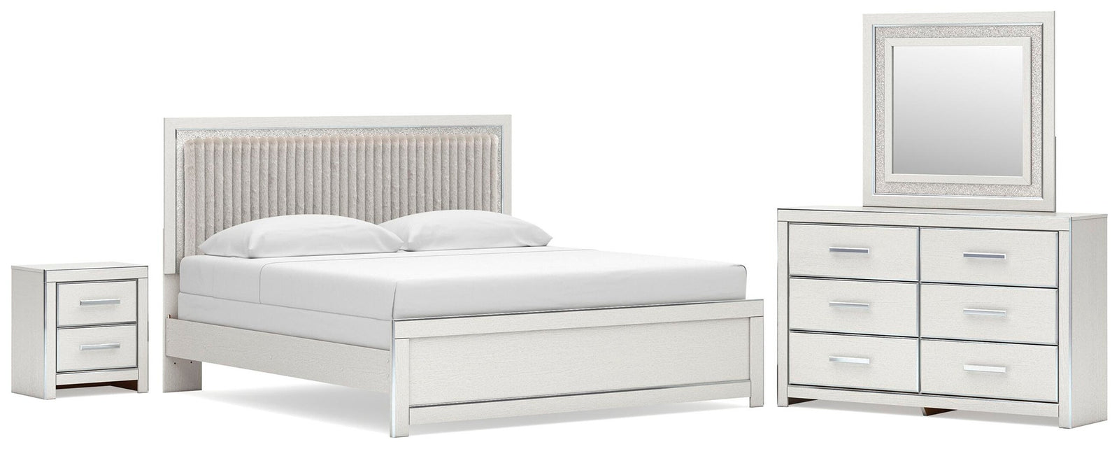 Zuraleus King Upholstered Panel Bed, Dresser, Mirror and Nightstand (PCB3381-SI)