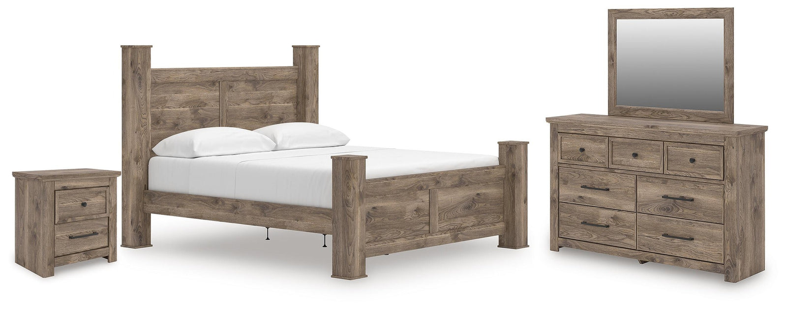 Rusticott King Poster Bed, Dresser, Mirror and Nightstand (PCB2260-SI)
