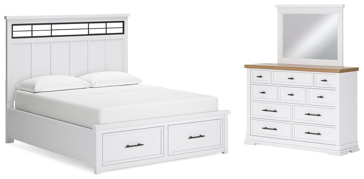 Ashbryn Panel Storage Bed, Dresser and Mirror - White/Natural  (B844-SI)
