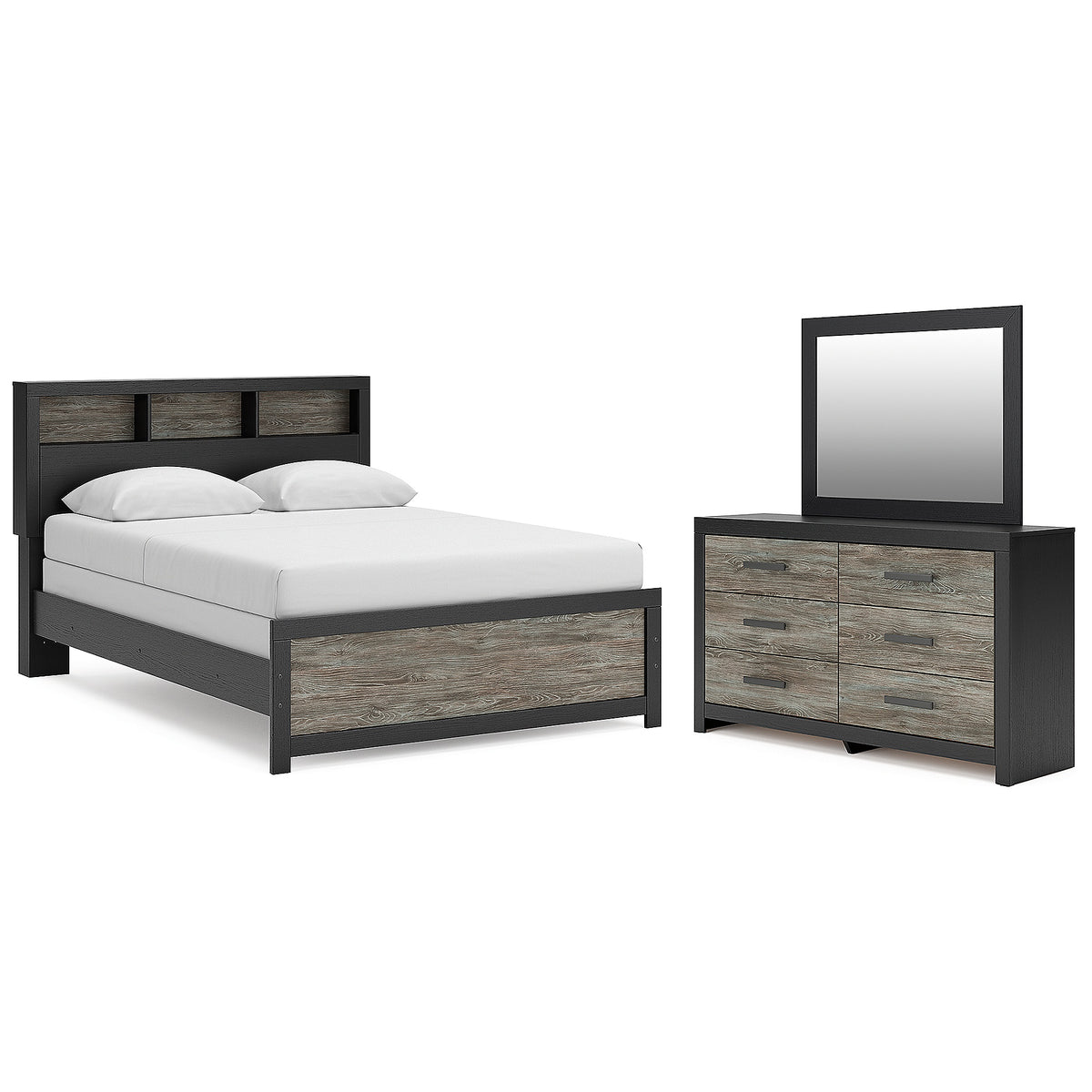 Broachmyn Queen Bookcase Bed, Dresser and Mirror (PCB1118-SI)