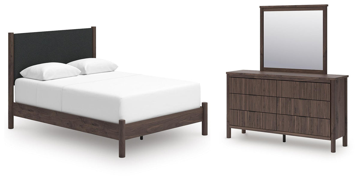 Pamytta Queen Upholstered Panel Bed, Dresser and Mirror (PCB2614-SI)