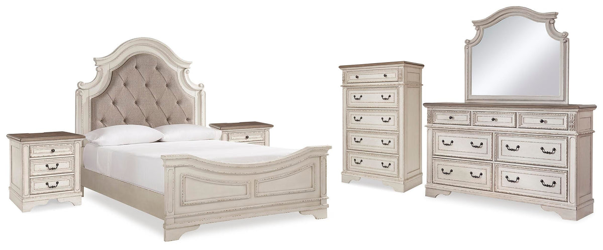 Realyn Upholstered Panel Bed, Dresser, Mirror, Chest and 2 Nightstands - Two-tone  (B743-SI)
