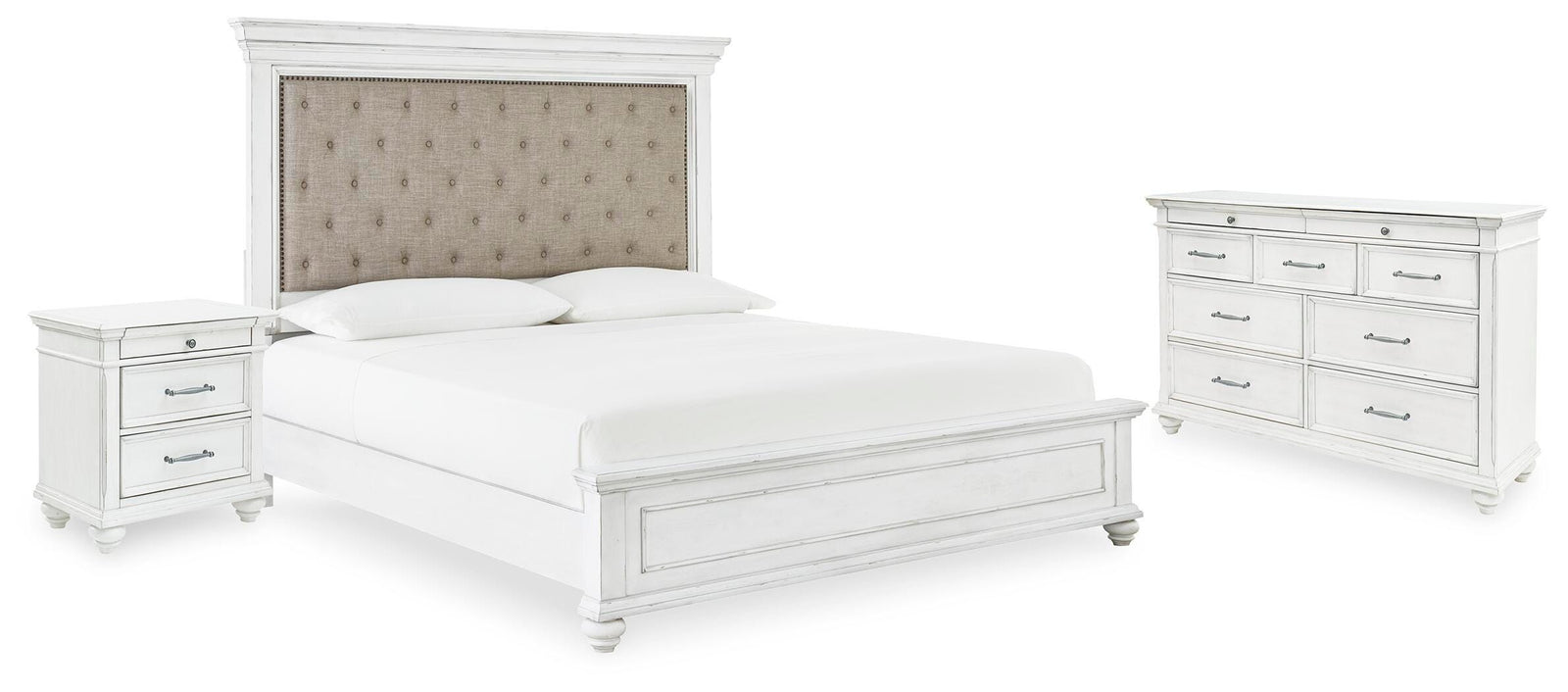 Kanwyn Upholstered Panel Bed, Dresser, and Nightstand - Whitewash  (B777-SI)