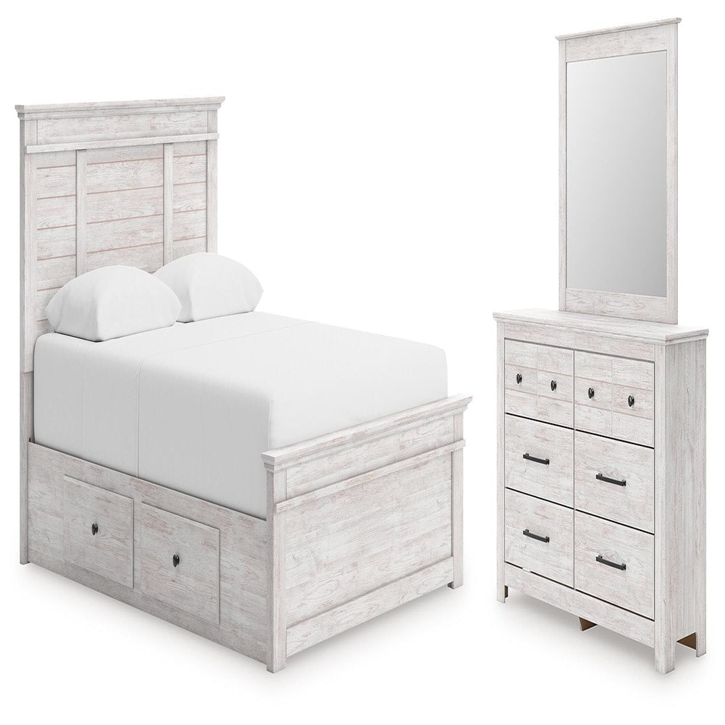Makidern Queen Panel Bed with Storage, Dresser and Mirror (PCB1171-SI)