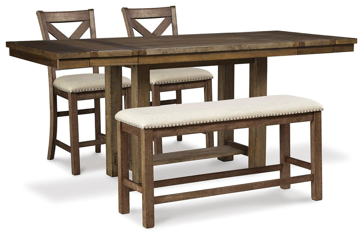 Moriville Counter Height Dining Table and 2 Barstools and Bench (D631-SI)