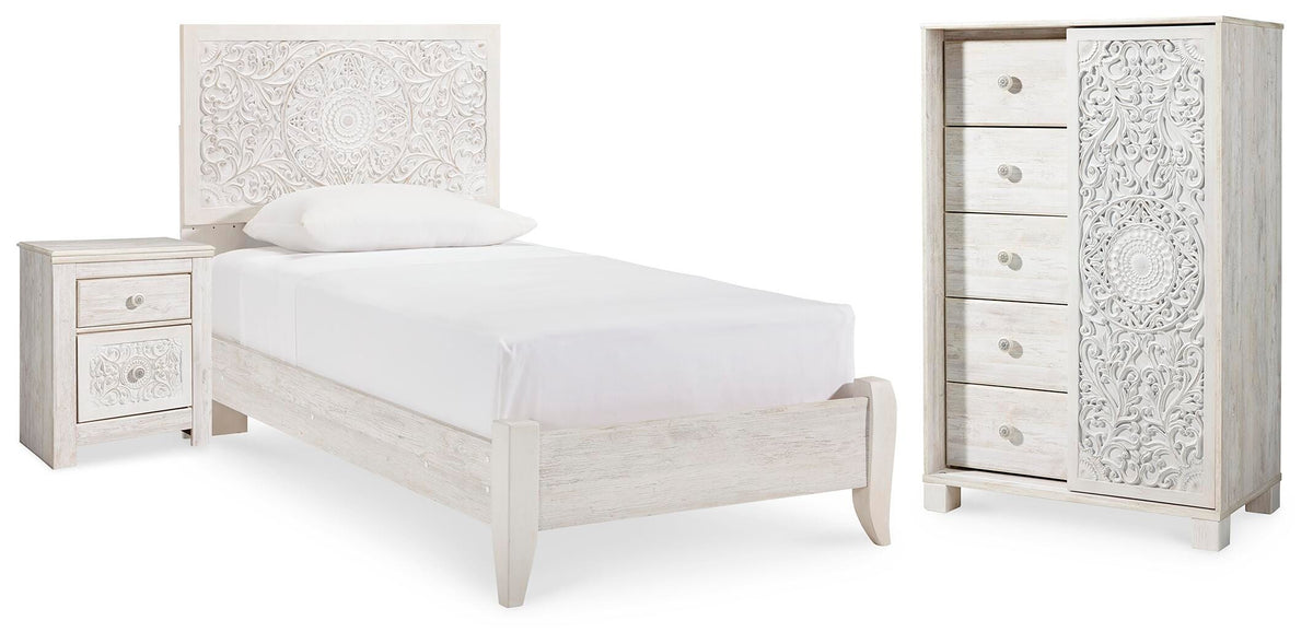 Paxberry Panel Bed, Chest and Nightstand - Whitewash  (B181-SI)