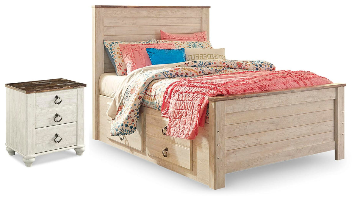 Willowton Panel Bed with Storage and Nightstand - Whitewash  (B267-SI)
