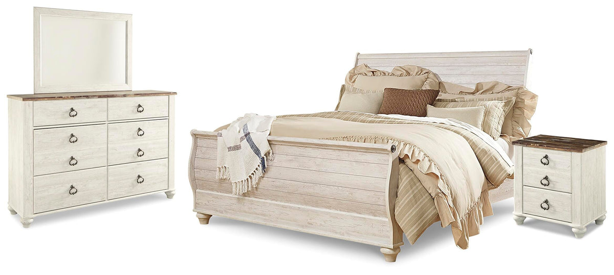 Willowton Sleigh Bed, Dresser, Mirror and Nightstand - Whitewash  (B267-SI)