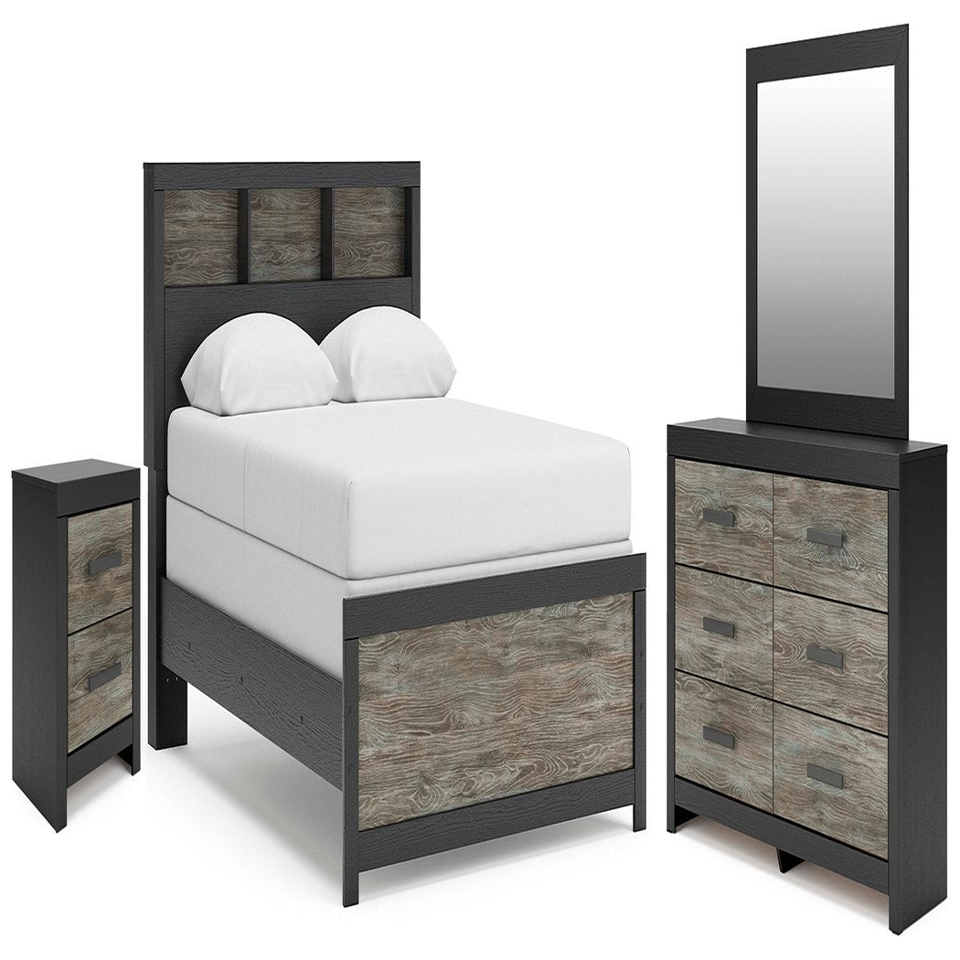 Broachmyn Queen Bookcase Panel Bed, Dresser, Mirror and Nightstand (PCB1118-SI)