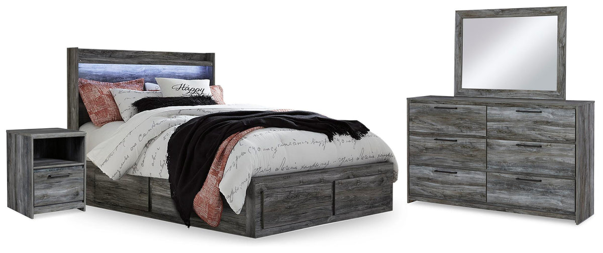 Baystorm Panel Bed with 2 Side Storage, Dresser, Mirror, and Nightstand - Gray  (B221-SI)