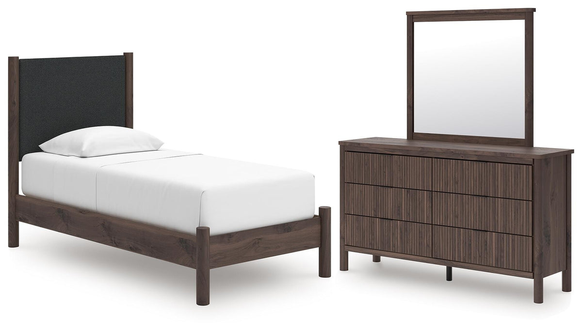 Pamytta Twin Upholstered Platform Bed, Dresser and Mirror (PCB2614-SI)