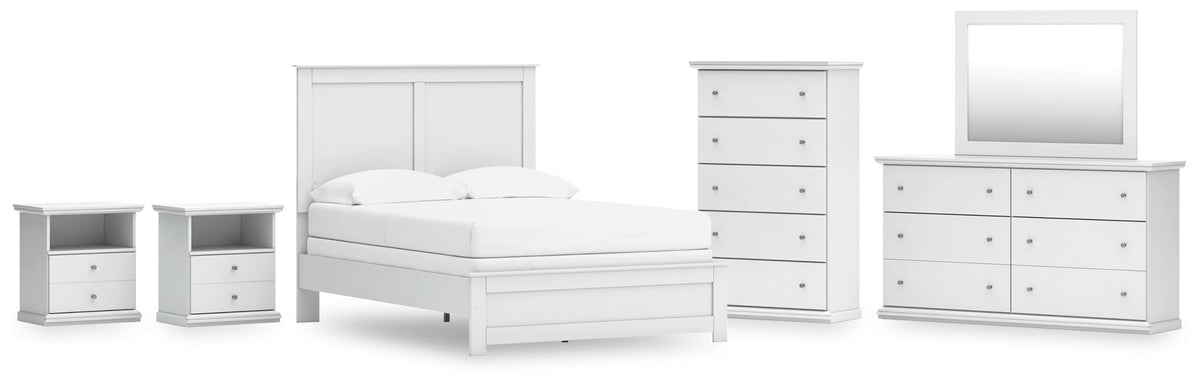 Bostwick Shoals Panel Bed, Dresser, Mirror, Chest, and 2 Nightstands - White  (B139-SI)