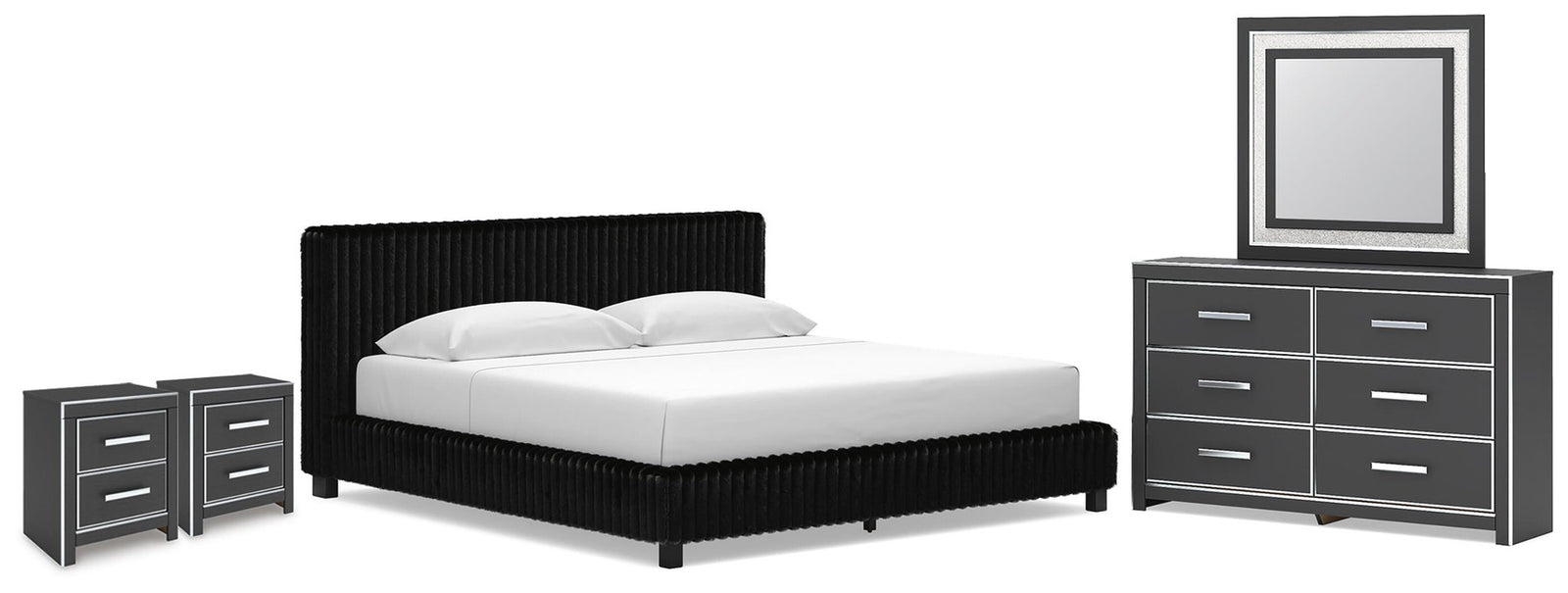 Zuraleus King Upholstered Bed, Dresser, Mirror and 2 Nightstands (PCB3380-SI)