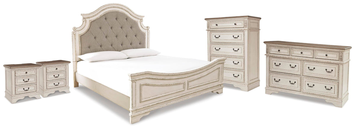 Realyn Panel Bed, Dresser, Chest and 2 Nightstands - Two-tone  (B743-SI)