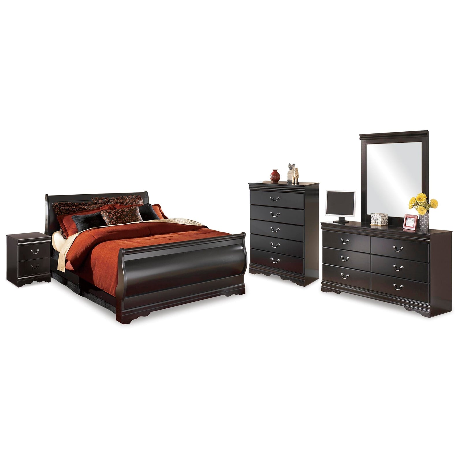 Huey Vineyard Sleigh Bed, Dresser, Mirror, Chest and Nightstand - Black  (B128-SI)