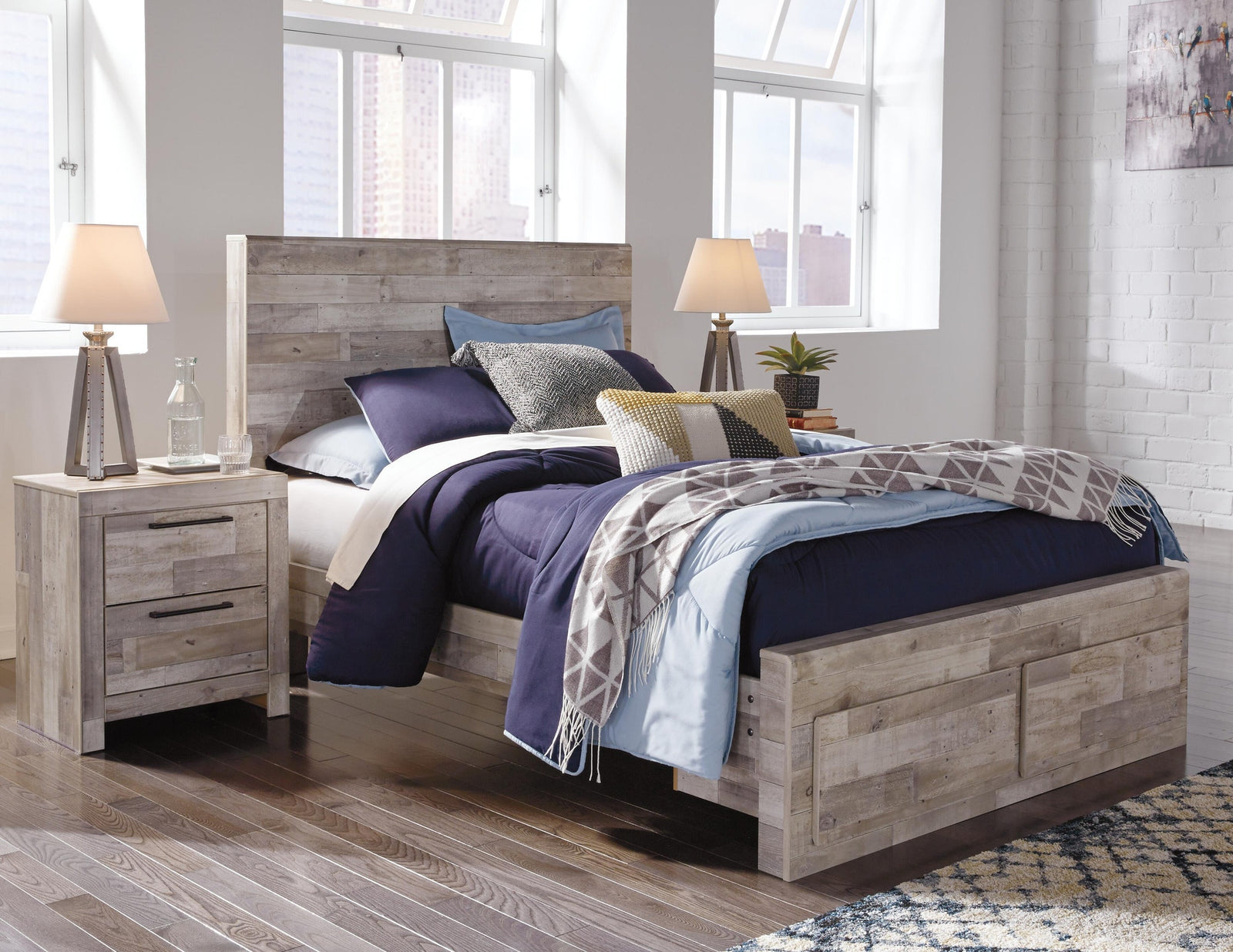 Effie Panel Bed with 2 Storage Drawers (Youth) - Whitewash  (B255-SI) - Image 2