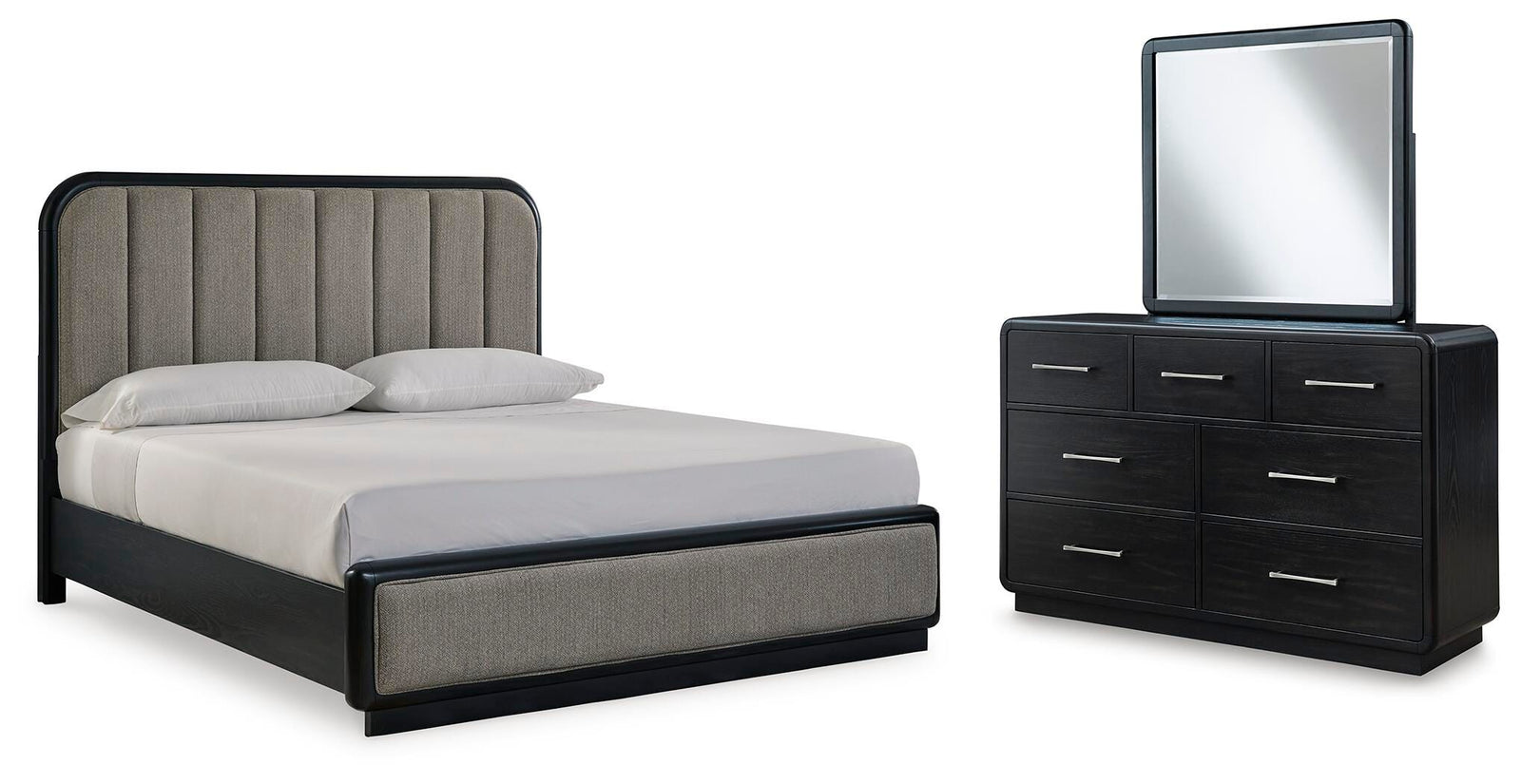 Rowanbeck Upholstered Panel Bed, Dresser and Mirror - Black  (B821-SI)