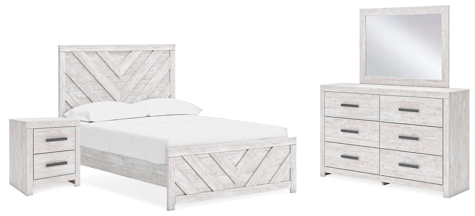 Cayboni Panel Bed, Dresser, Mirror and Nightstand - Whitewash  (B3788-SI)