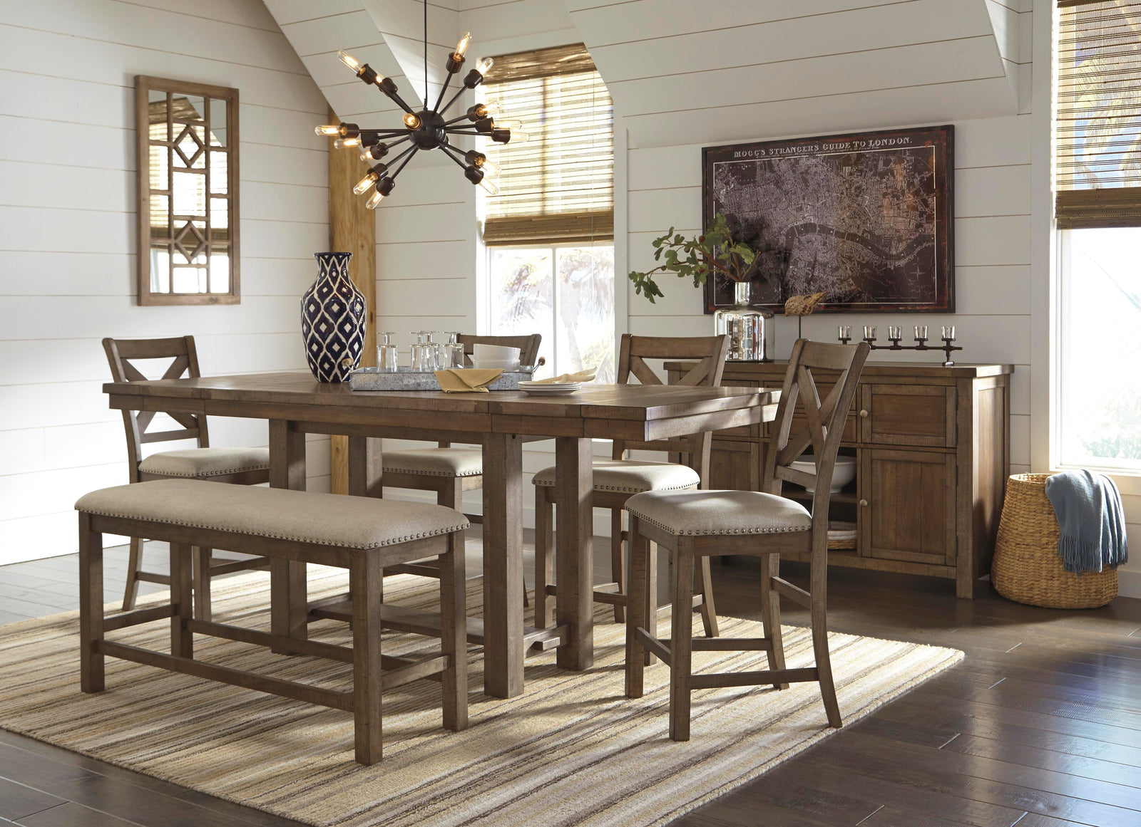 Moriville Counter Height Dining Table with 4 Barstools, Bench, and Server (D631-SI) - Image 4