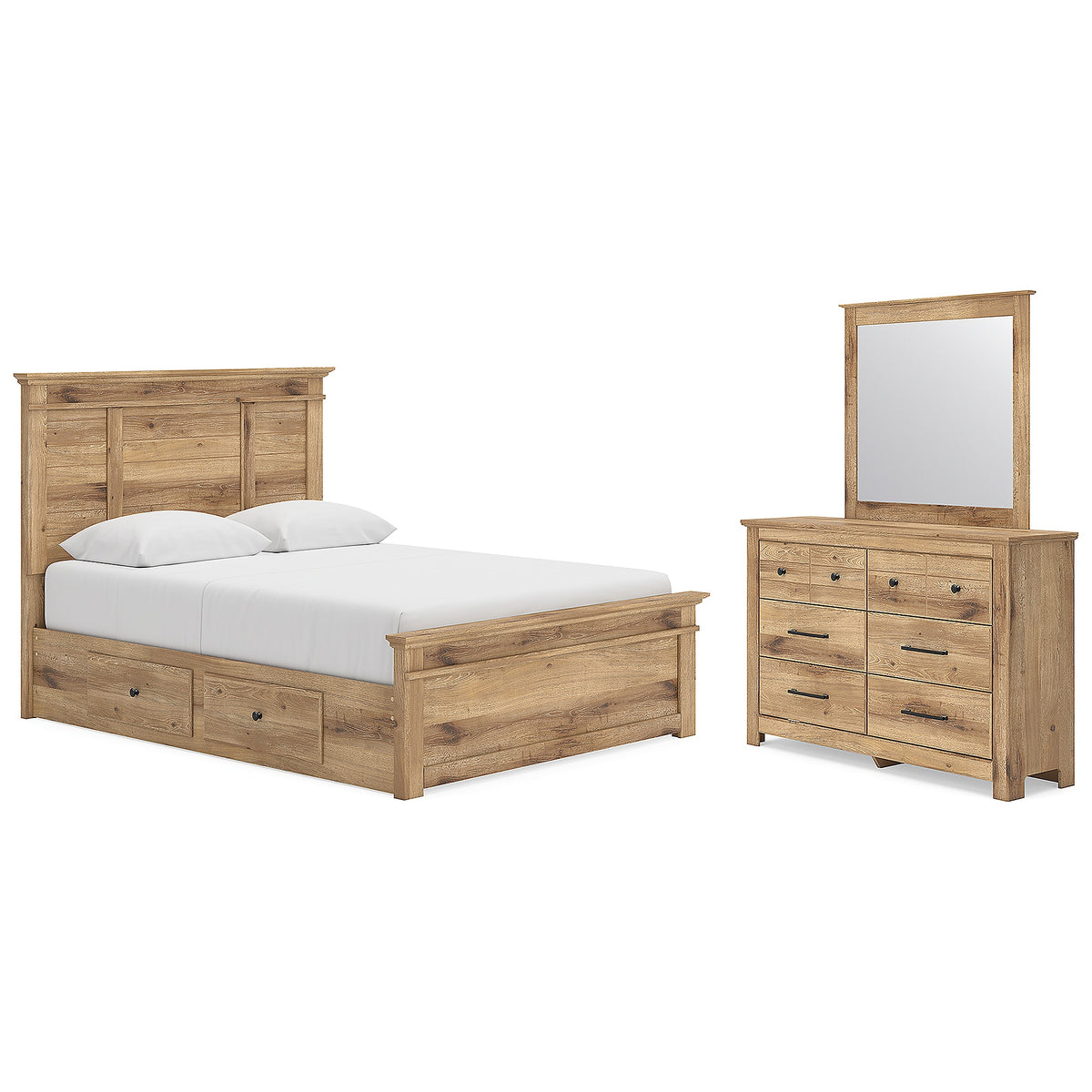 Makidern Queen Panel Bed with Storage, Dresser and Mirror (PCB1170-SI)