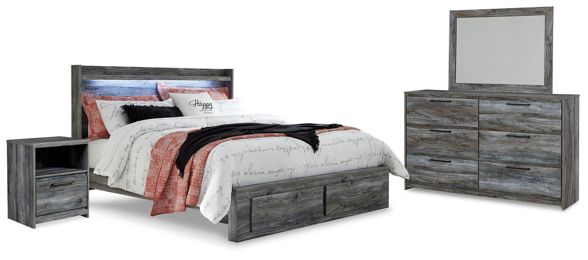 Baystorm Panel Storage Bed with Mirrored Dresser and Nightstand - Gray  (B221-SI)
