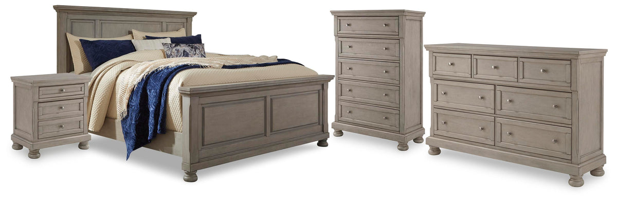 Lettner Panel Bed, Dresser, Chest and 2 Nightstands - Light Gray  (B733-SI)