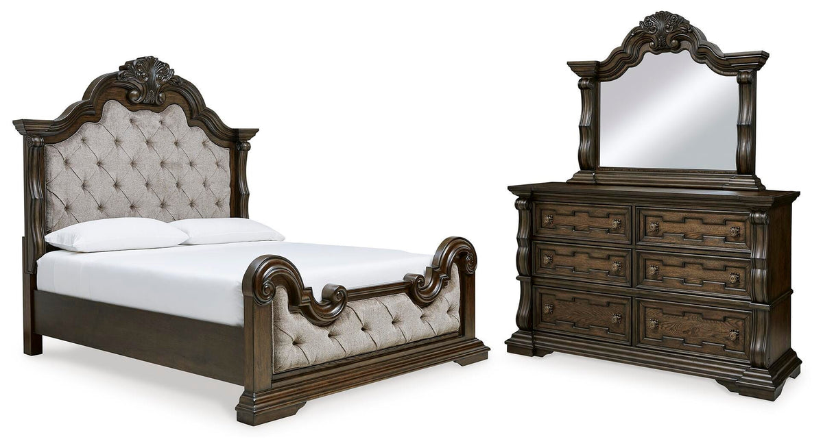 Maylee Upholstered Bed, Dresser and Mirror - Dark Brown  (B947-SI)