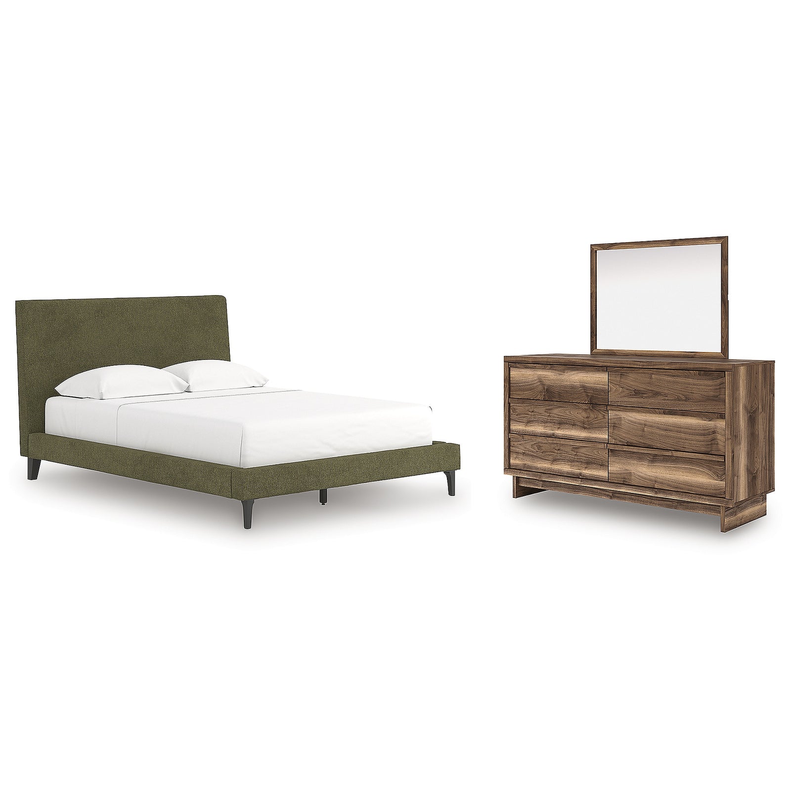 Chirason Queen Upholstered Bed, Dresser and Mirror (PCB3367-SI)