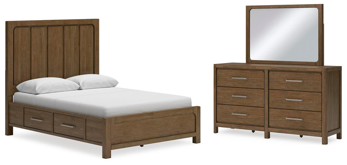 Cabalynn Panel Bed with Storage, Dresser and Mirror - Light Brown  (B974-SI)