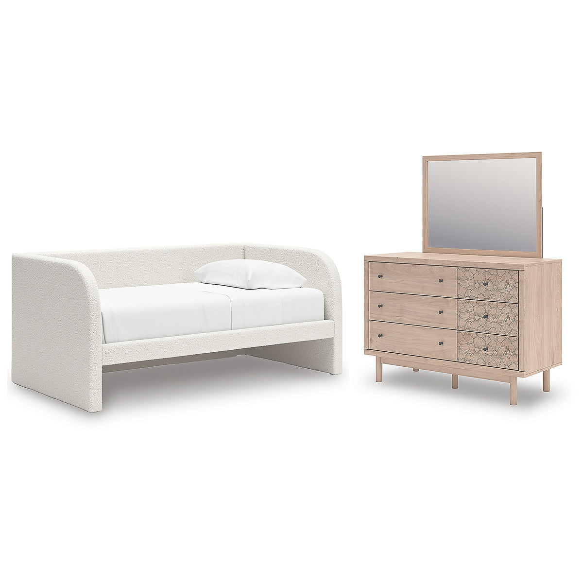 Arloster Twin Upholstered Day Bed, Dresser and Mirror (PCB1566-SI)