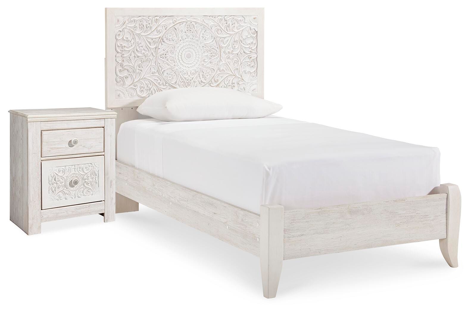 Paxberry Panel Bed and Nightstand - Whitewash  (B181-SI)