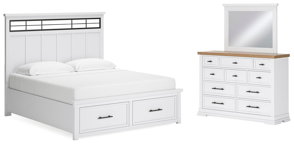 Ashbryn Panel Storage Bed, Dresser and Mirror - White/Natural  (B844-SI)