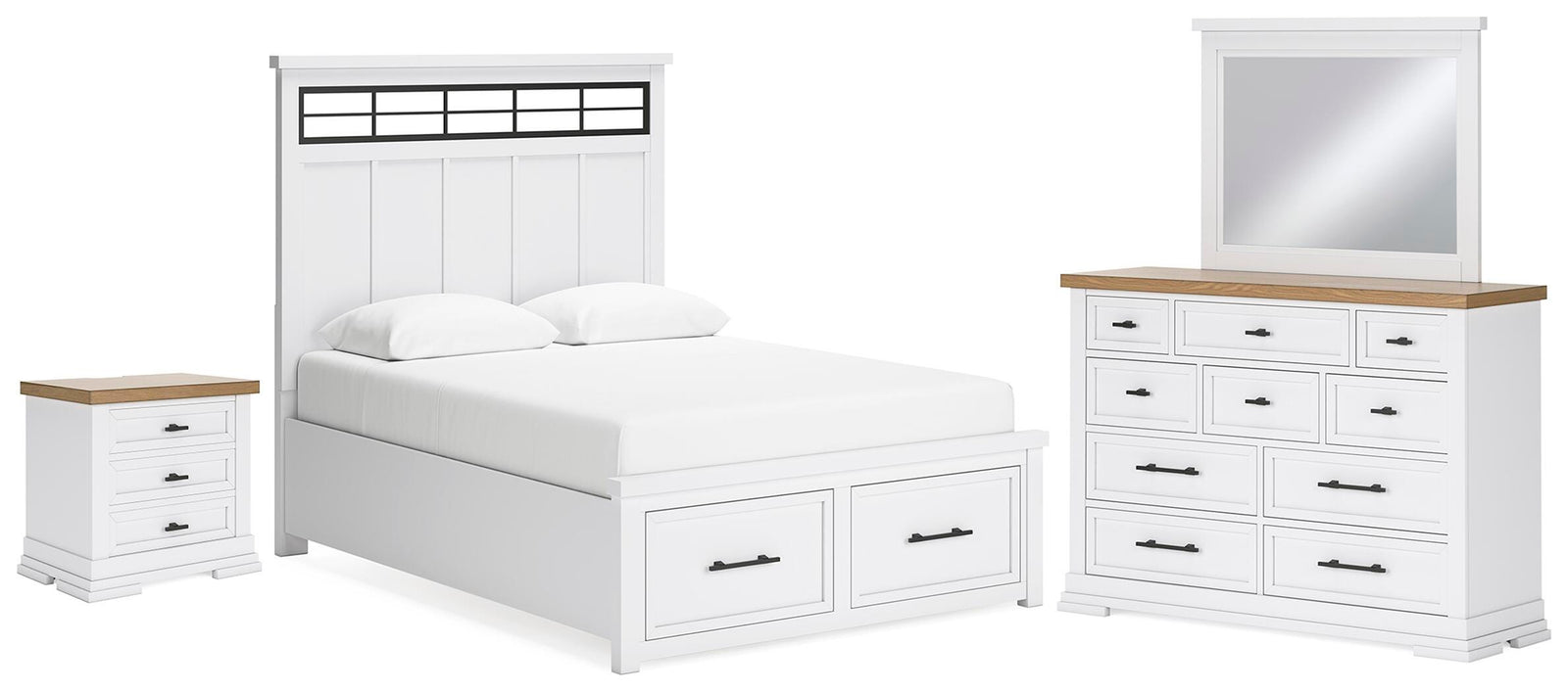 Ashbryn Storage Bed, Dresser, Mirror and Nightstand - White/Natural  (B844-SI)