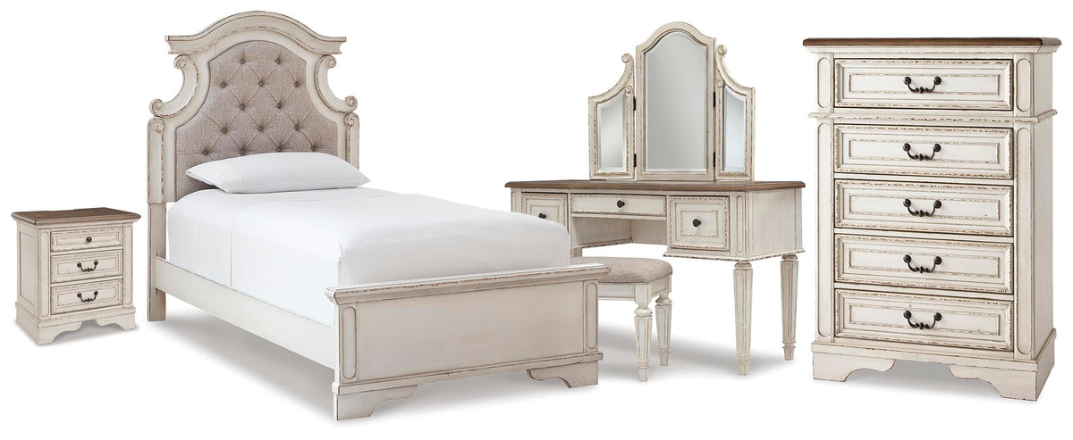 Realyn Upholstered Panel Bed, Chest, Vanity and Nightstand (B743-SI)