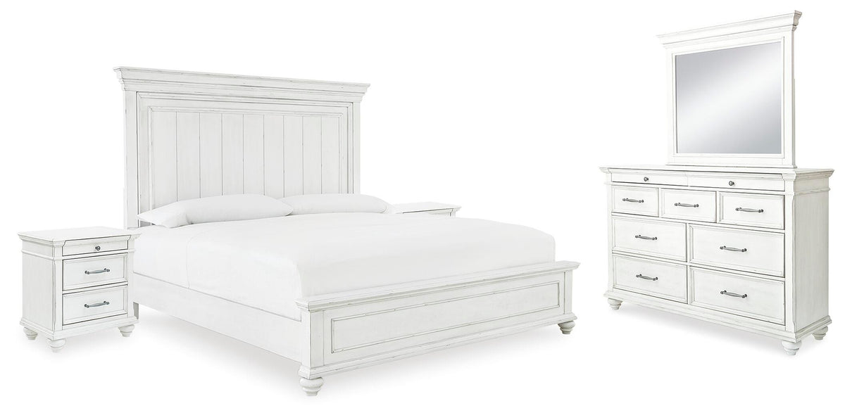 Kanwyn Panel Bed, Dresser, Mirror and 2 Nightstands - Whitewash  (B777-SI)