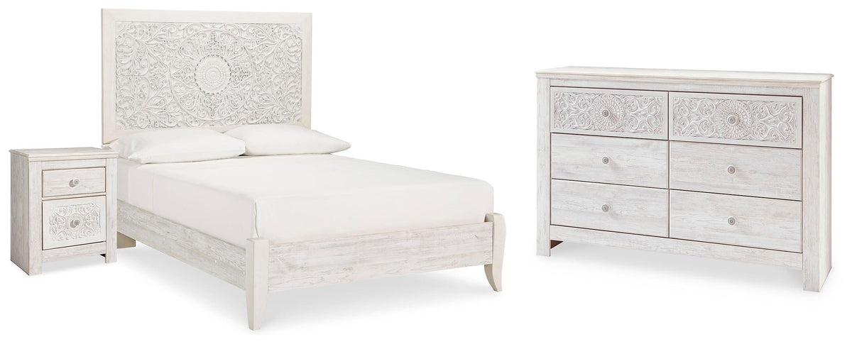 Paxberry Panel Bed, Dresser and Nightstand - Whitewash  (B181-SI)